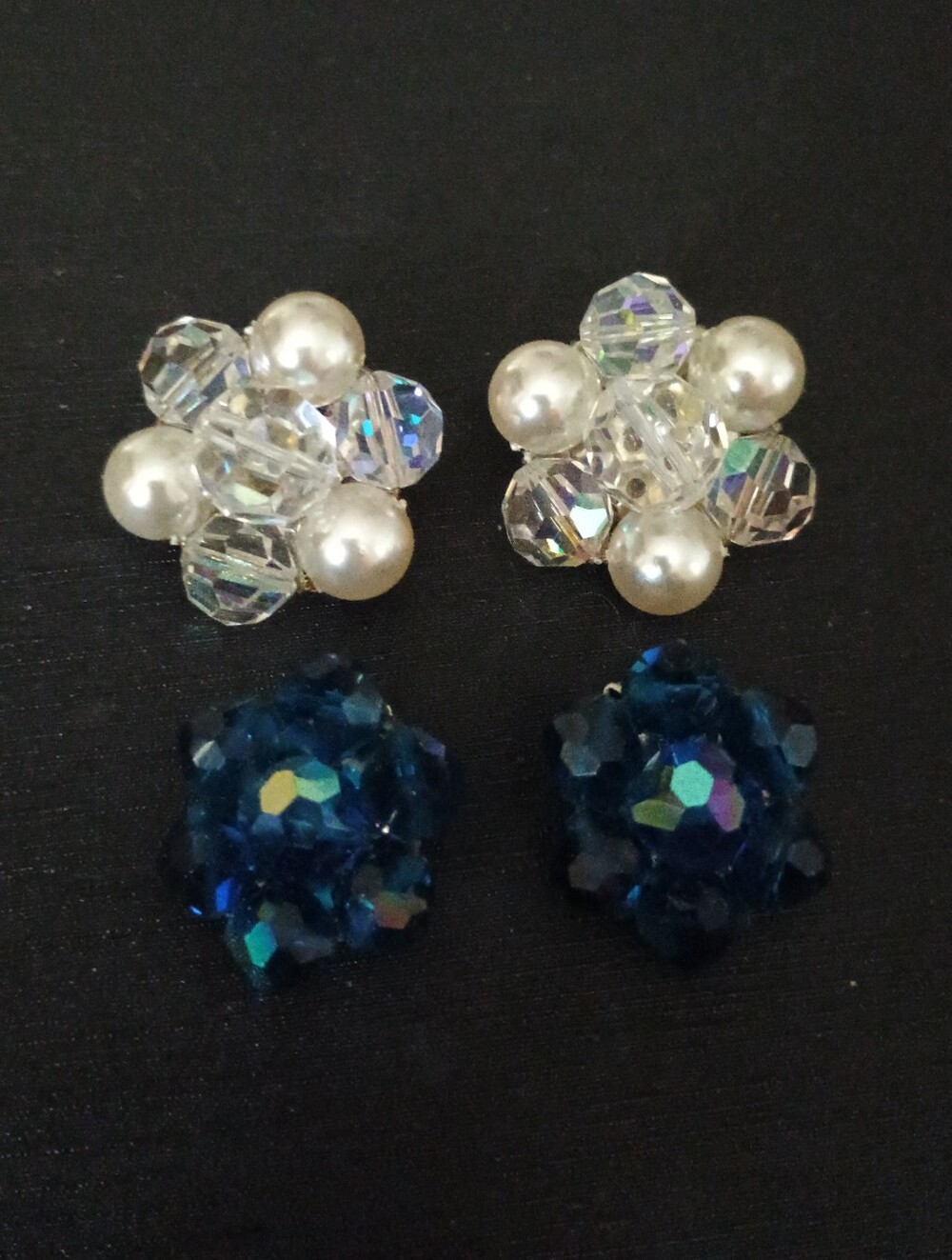 Vintage Aurora Borealis Crystal Cluster Clip On Earrings Lot Of 2 Pairs